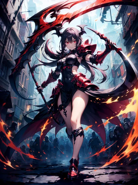 (((masterpiece, best quality, 16k))) female character with long white hair and piercing red eyes. she wears a demonic armor in p...