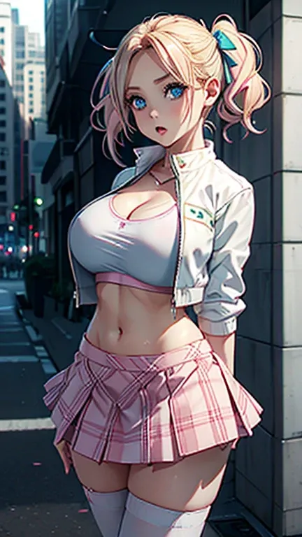 (busty girl), alone, (unexpected expression) (open mouth, (white jacket), pink (sports bra), narrow and constricted waist, lower body with a pear-green plaid skirt, narrow hips, , (blond hair) bows (pigtails), white ribbon, big eyes, blue eyes, sunny metro...