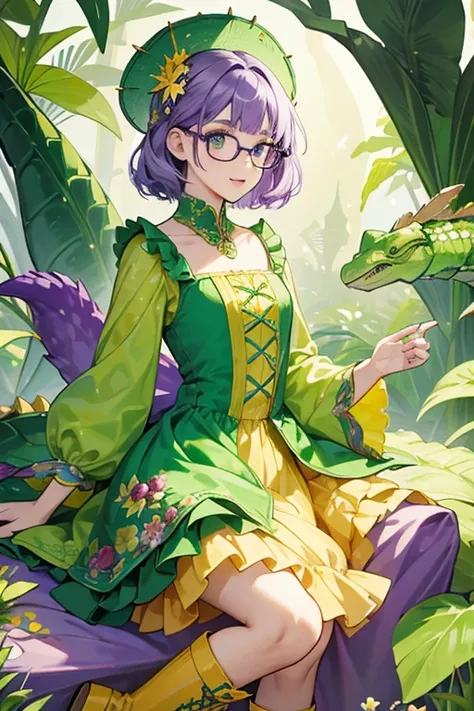 Andie is a light green doll with purple hair and an alligator tail.
She wears a green dress with scales on her top and a floral design throughout.
She wears yellow boots and comes with glasses, a yellow head piece and a red labcoat. SPARKLE; GLITTER