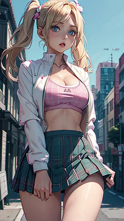 (busty girl), alone, (unexpected expression) (open mouth, (white jacket), pink (sports bra), narrow and constricted waist, lower body with a pear-green plaid skirt, narrow hips, , (blond hair) bows (pigtails), white ribbon, big eyes, blue eyes, sunny metro...