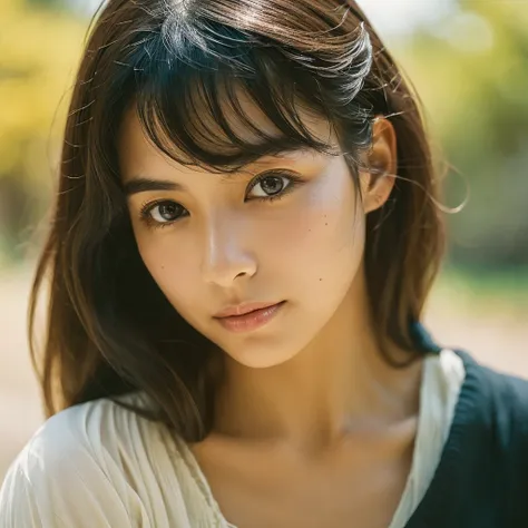 a hyper-realistic image of a single japanese woman in her early 20s, captured with the nostalgic warmth and subtle graininess of...