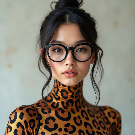 A beautiful Malay wearing glasses and a leopard print open face zentai suit made of spandex