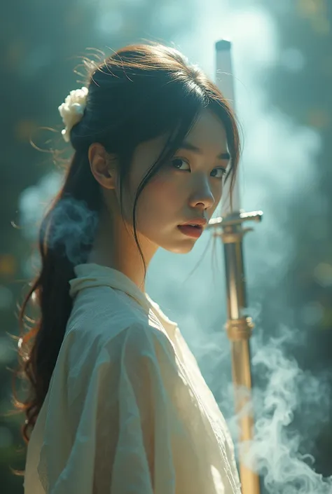 editorial photography,super detailed background,Super realistic,double exposure,depth of field,beauty super slender skinny vides,soft focus pure tone,narrative scene,White smoke rises from the blade of a long Japanese sword,girl in the back,