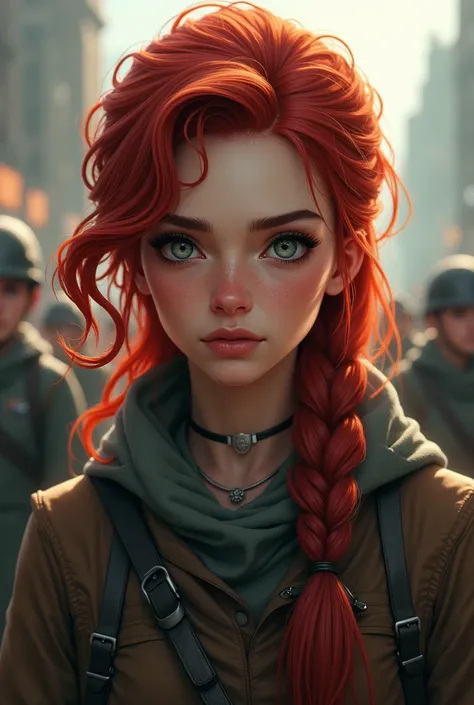 Female character in a book, She is a rebel with red hair braided to the side, has grey eyes and appears to be 25
