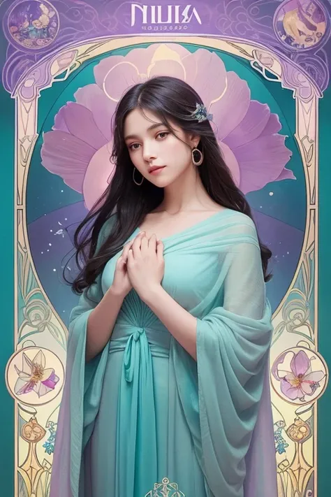 "An illustration of a woman born on February 27th. The style should be like an Alphonse Mucha poster, with a layout resembling a tarot card. The colors should be subdued, with a mystical atmosphere. The woman embodies deep empathy, rich imagination, and cr...