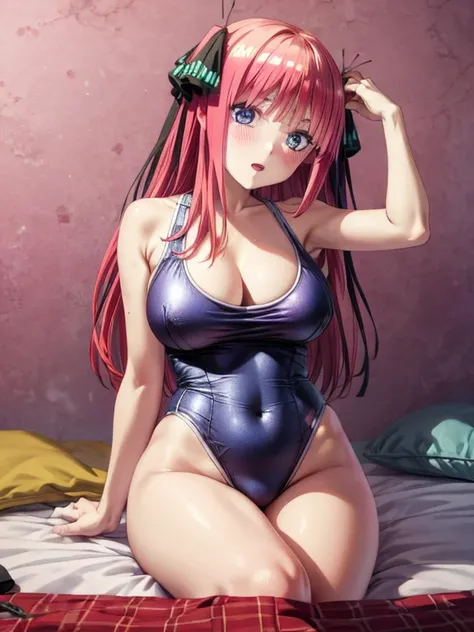 best quality, insanely detailed, nino nakano, breasts, blush, bedroom background, looking at viewer, cheerful eyes,arousal, one-piece swimsuit,add_detail:1.0