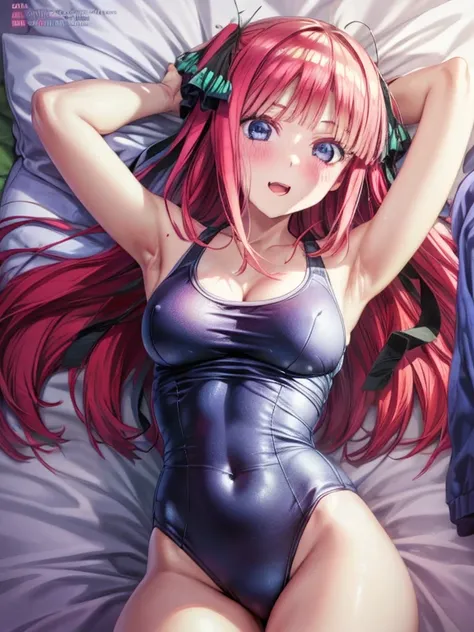 best quality, insanely detailed, nino nakano, breasts, blush, bedroom background, looking at viewer, cheerful eyes,arousal, one-piece swimsuit,add_detail:1.0