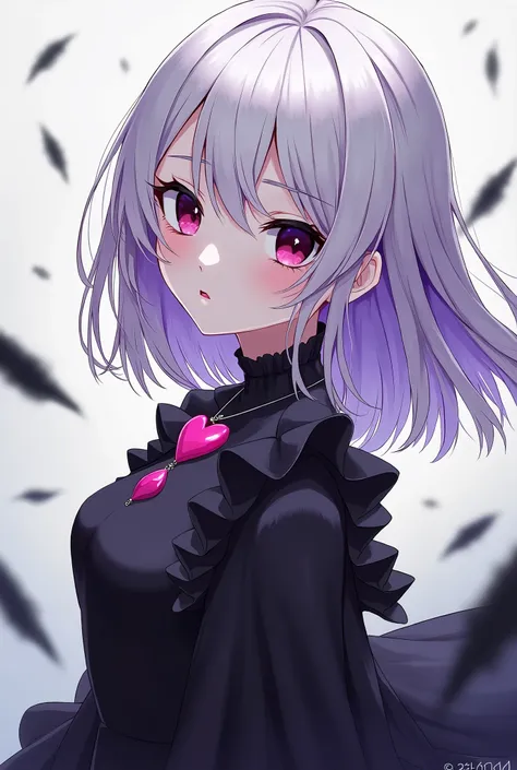 (best quality), ultra res, highly detailed, turned at viewer, anime style, (face shoot), medium length hair, white hair with lilac at the ends, black gothic dress, goth dress, (looking at viewer), heart symbol on her right side of face, dark makeup, wearin...