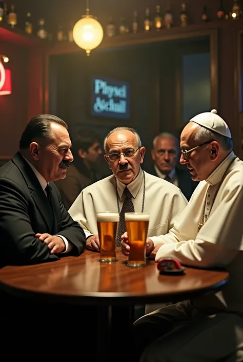 Hitler, jetulio vargas and pope francis drinking beer at a bar table.