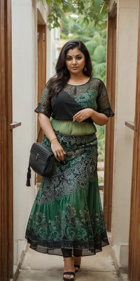 Day scene, A radiant, full-figured South Indian 35 year old aunty a green colour chiffon mini skirt and black chiffon shirt, standing, in a garden captured in a full-body image with vibrant hues and meticulous details. Full body image