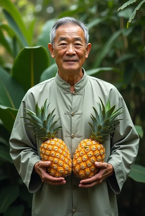 Chinese man with pineapples in his hand