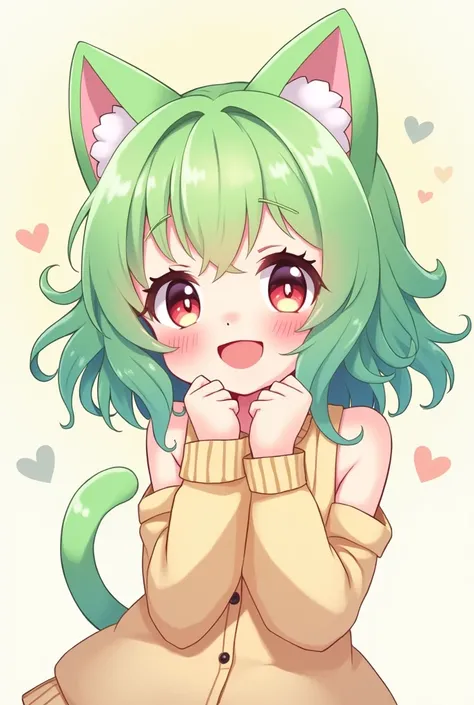 Create a 2d image of a cute smiling anime neko girl with pastel green hair all excited 