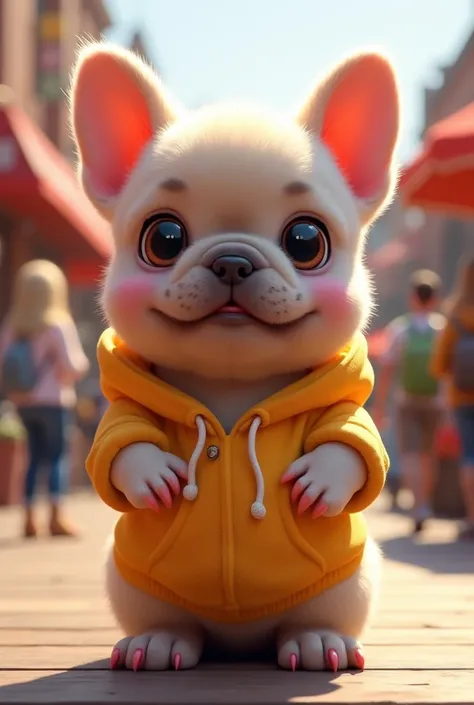 Fascinating, 美味しくふわふわな子犬のフレンチ・ブルドッグの高品質3D Rendering, Exudes cuteness and charm. With a round and plump body、It is softly covered, Vibrant fur and gentle, Small teeth peek out from a slightly open mouth. (Wearing a hoodie)、Its big, Expressive round eyes spa...