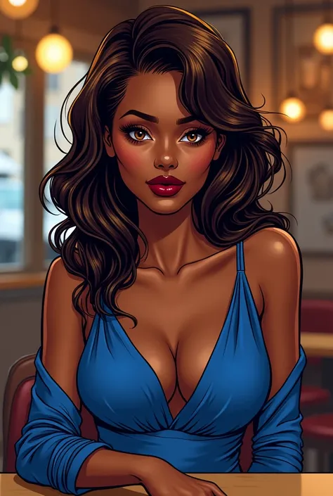 Comic style, A cold black skinned woman, wavy and brown hair, olhos amendoados, full mouth, wine lipstick, dressed in a sapphire blue dress, in a coffee shop 

