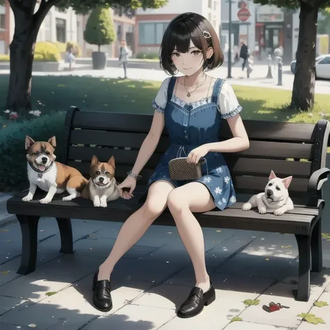 best qualityer, a woman sat on a bench , summer_don, dogs printed in the don