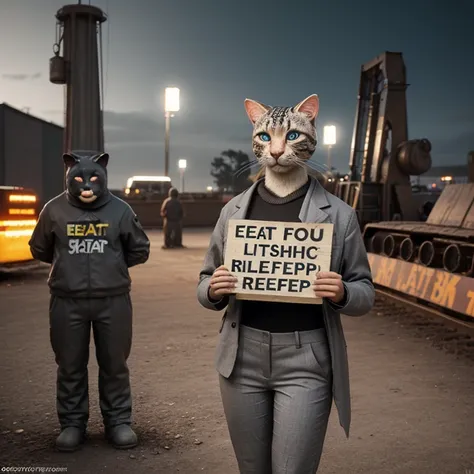 A life size human cat wearing a grey suit, pants and jacket, holding a sign that says "eat sleep rave repeat", pumpjacks in the background, highly detailed, 8k, photorealistic, cinematic lighting, vibrant colors, epic, whimsical, trending on artstation, st...