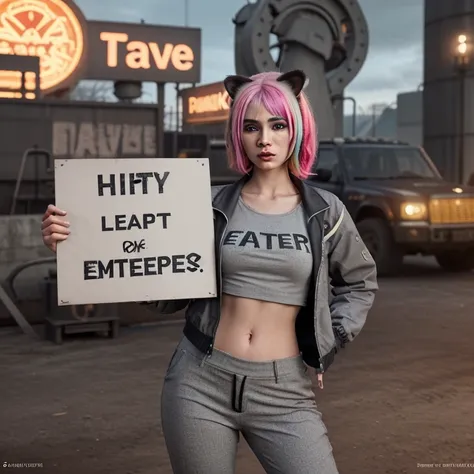 A life size human cat wearing a grey suit, pants and jacket, holding a sign that says "eat sleep rave repeat", pumpjacks in the background, highly detailed, 8k, photorealistic, cinematic lighting, vibrant colors, epic, whimsical, trending on artstation, st...