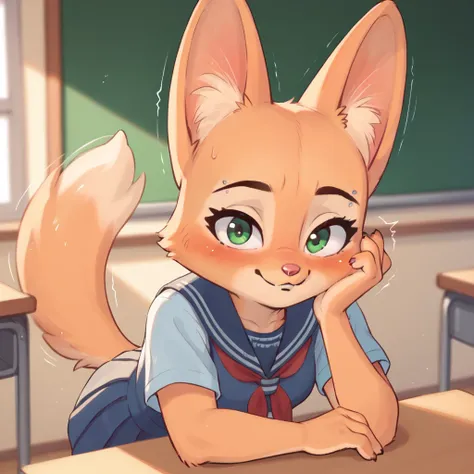 diane foxington, teen, kid, ginger fur, silver piercing on eyebrow, emerald eyes, school uniform, blush, shy, shaking her tail, ...