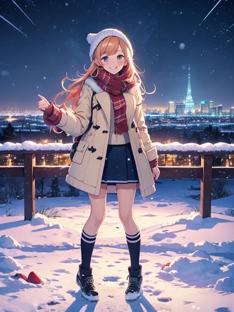 (best Quality), (masterpiece), (ultra high resolution), full body, teenage girl, big smile, strawberry blonde, long, mini skirt, knee high socks, duffle coat, winter scarf, city, winter, ((snowing)), (decorated illuminations), ((night view))