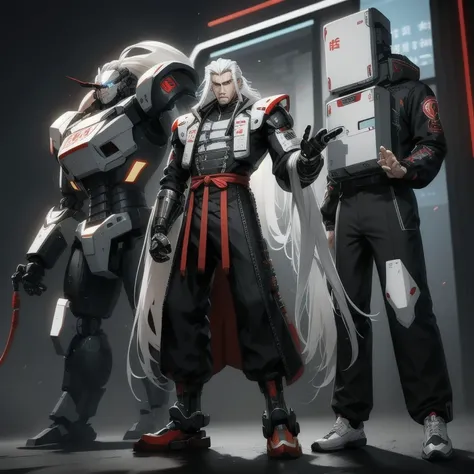 Men, chinese style, long  white hair, cyber punk, vintage clothing, High definition, Mecha, whole body,