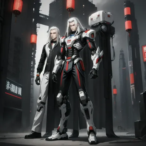 men, chinese style, long  white hair, cyber punk, vintage clothing, high definition, mecha, whole body,