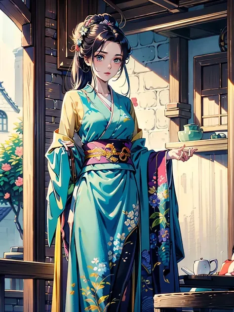 Magnificent View、Floating Island、Hanging Garden、Outdoor、anime、High definition、Shrine maiden、Holy Maiden、In a garden full of blooming flowers, she is spinning with her right hand stretched upwards, her left hand on her hip, and her chin raised.、Long silver ...