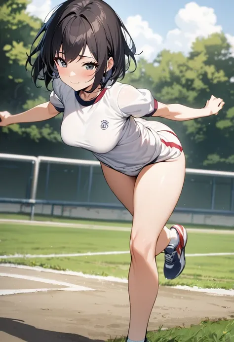 1girl,medium breasts,black hair,short hair,light smile,ass focus,full body,gym uniform, ,school ground,girly running,masterpiece, best quality, absurdres,