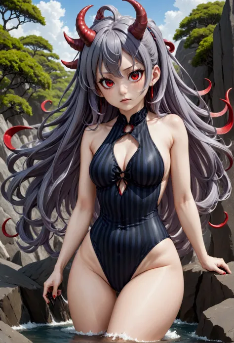 8k, Highest quality, Manga style, View your viewers, Intricate details,One person, Nakiri Ayame, ２Demon horns in the book, Multicolored Hair, Long Hair, Red eyes, Gray Hair, striped highleg swimsuit, 