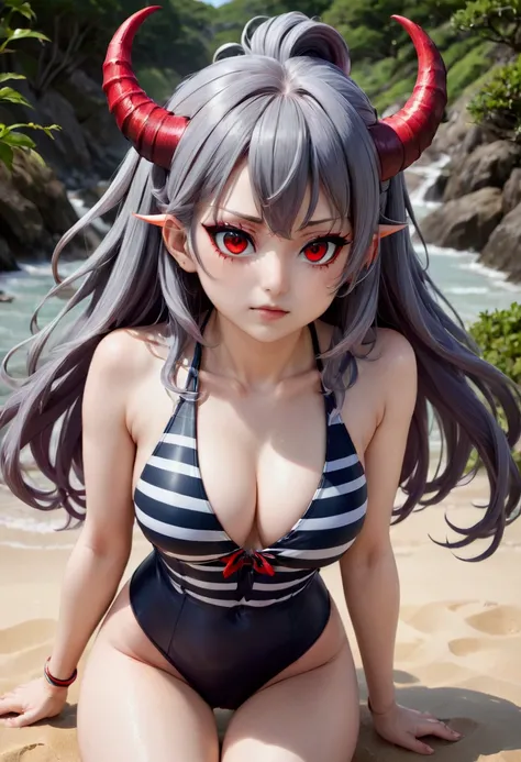 8k, Highest quality, Manga style, View your viewers, Intricate details,One person, Nakiri Ayame, ２Demon horns in the book, Multicolored Hair, Long Hair, Red eyes, Gray Hair, striped highleg swimsuit, 