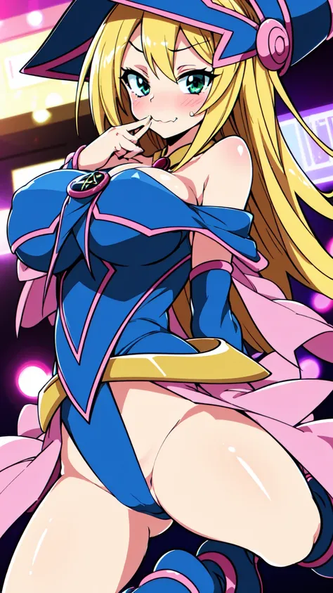 ((Black Magician Girl yu-gi-o))、super breasts、thick thighs、blonde hair、magic circle、8K, 4k, highest quality, High resolution: 1.2),winking、One breast exposed、cute anime face、Pink blush on cheeks、noise removal、Leotard that bites into