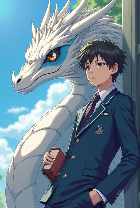 Male Dragon, white and gray, there is a blue oval shape on his cheek, ideal body, high school student,  so OSIS, wear OSIS uniform, wear school pants, he reads a book while standing with one hand, his eyes glanced, graphic anime, one more hand in the pocke...