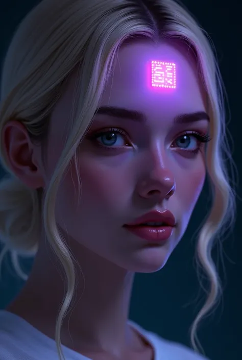 Create an illustration of a woman with blonde hair, normal-looking. On the side of your forehead, there is a round embossed chip, with a circular purple LED that glows softly. The chip is elegantly embedded in the skin, as if it were part of the face desig...