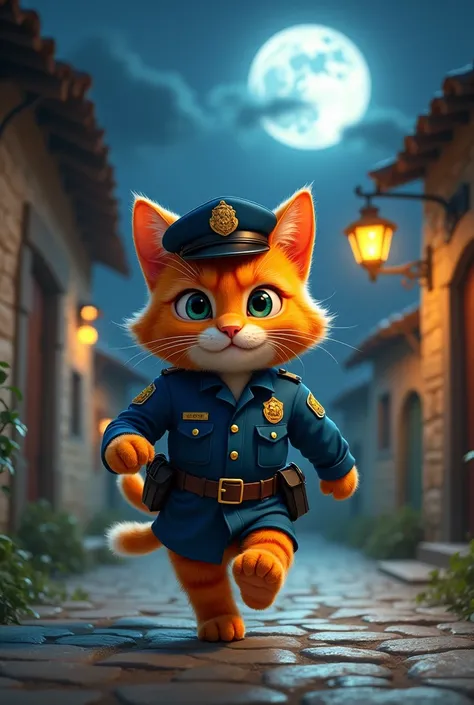 A brightly colored orange cat with police clothes patrolling along the village streets made of stone, the cat appears active and alert, moving quickly while keeping a watchful eye on the surroundings, A dark night sky with a bright full moon overhead.