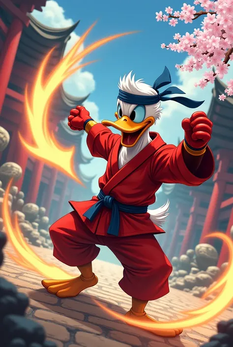 Donald Duck dressed as Ken performing the Hadouken against Ryu