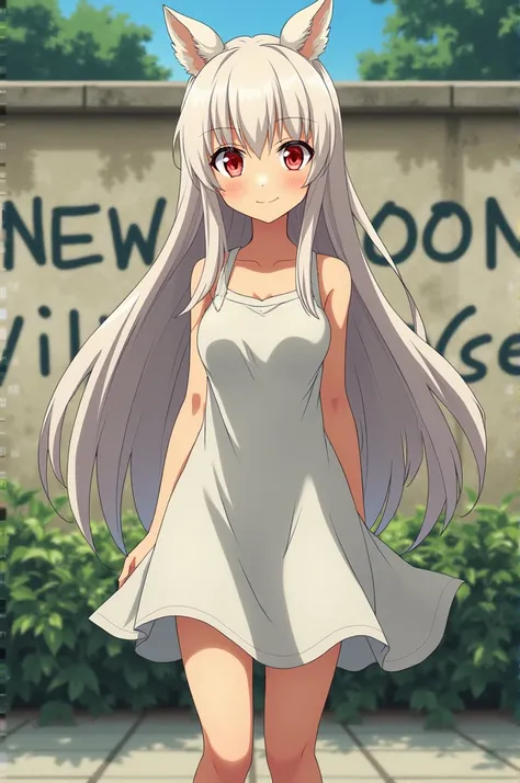 The image is Ghibli style, of a 28-year-old adult woman, who is albino and has long hair and red eyes. 

She has a dress and sturdy legs and strong thighs.  
His face looks smiling. 

In the background of the image there is a wall that says in graffiti: Ne...