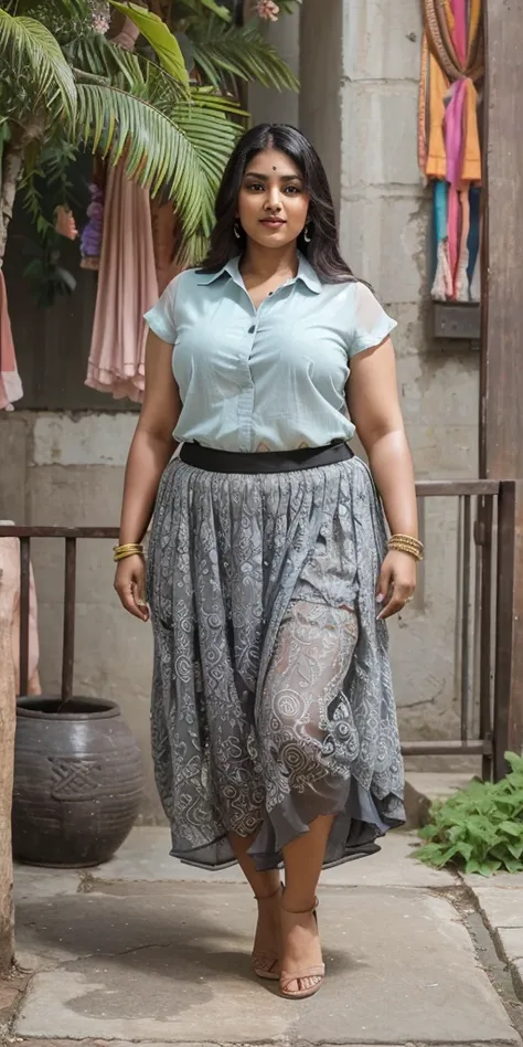 Day scene, A radiant, full-figured South Indian 35 year old aunty a gray colour chiffon mini skirt and black chiffon shirt, standing, in a garden captured in a full-body image with vibrant hues and meticulous details. Full body image