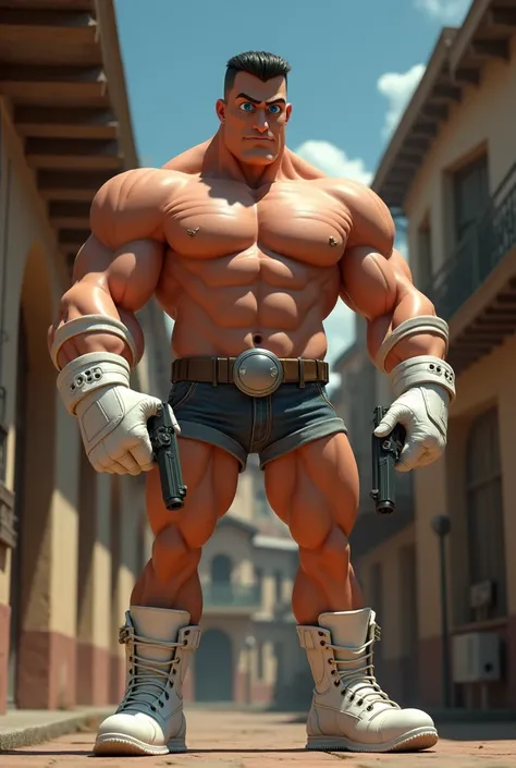 3d character, a very tall man, Unclothed, hairless, with a hard and veiny penis, well-endowed, body builder, very short black hair, blue colored eyes, beautiful big circular reflective eyes, big white gloves, white combat boots, holding a Colt 45 pistol, (...