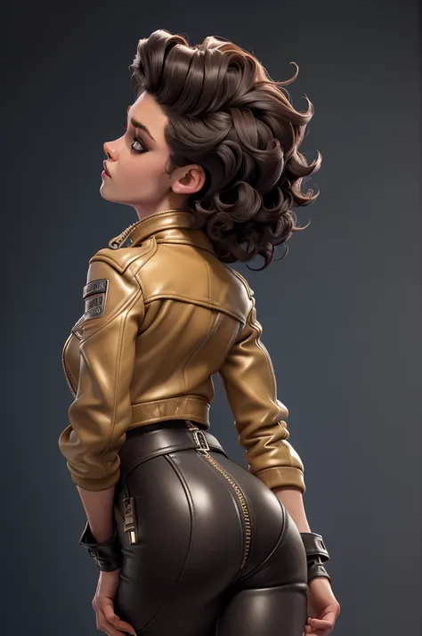 obra prima, melhor qualidade, ((only one woman,)) ((kristen stewart, dark tan skin, short black curly hair, heavy makeup eye shadow, mouth open,)) (((wearing thigh length bubblegum distressed leather jacket,))) (((jacket is zipped up, jacket covers waist a...