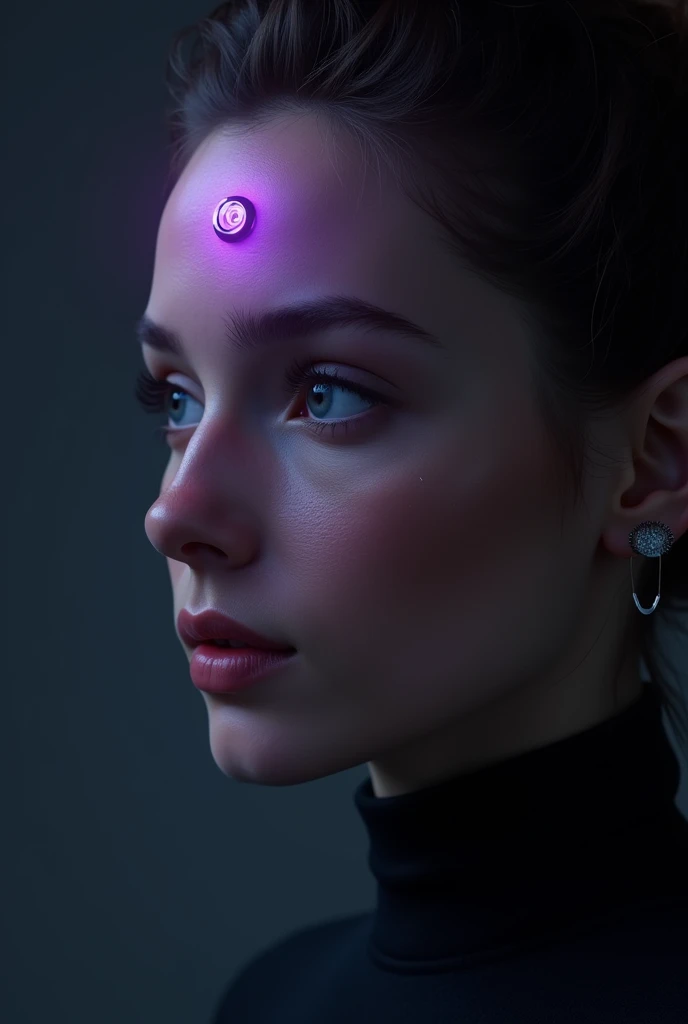 create a normal looking woman. On the side of your forehead, there is a round embossed chip, with a circular purple LED that glows softly. The chip is elegantly embedded in the skin, as if it were part of the face design. The surrounding environment may be...