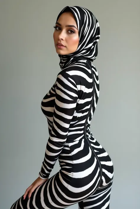 There is a most beautiful Asian Malay beauty wearing a zebra print turtleneck unitard catsuit made of spandex。She wears a zebra-print Malay hijab made of spandex every day(zebra-like leopard print hijab)。