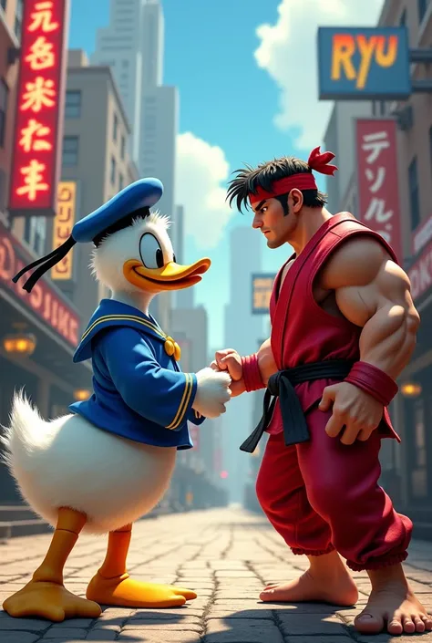 Donald Duck dressed as Ken fighting Ryu