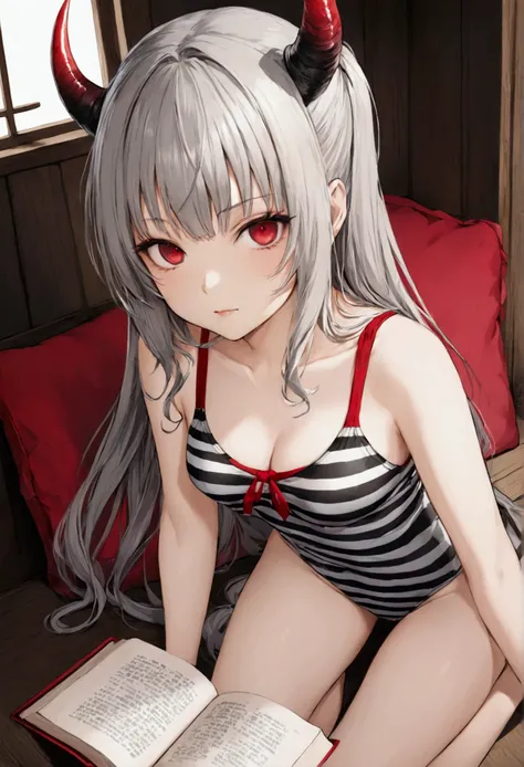 8k, Highest quality, Manga style, View your viewers, Intricate details,One person, Nakiri Ayame, ２Demon horns in the book, Multicolored Hair, Long Hair, Red eyes, Gray Hair, striped highleg swimsuit, 