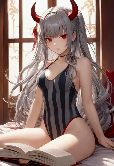 8k, Highest quality, Manga style, View your viewers, Intricate details,One person, Nakiri Ayame, ２Demon horns in the book, Multicolored Hair, Long Hair, Red eyes, Gray Hair, striped highleg swimsuit, 