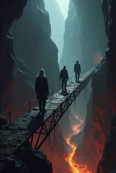 A dark cave with a cliff and a river of lava and a long, rusty iron bridge. connected to a cave and the continuation of the cave with the exit to a mountain.  And that there are also three scientists, an old man, a woman with loose hair and a man. About to...