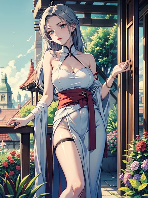 magnificent view、floating island、hanging garden、outdoor、anime、high definition、miko costume、holy maiden、in a garden full of bloom...