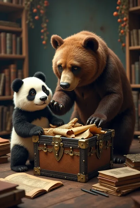 Make a picture of a panda bear and a brown bear and a chest full of old books and maps