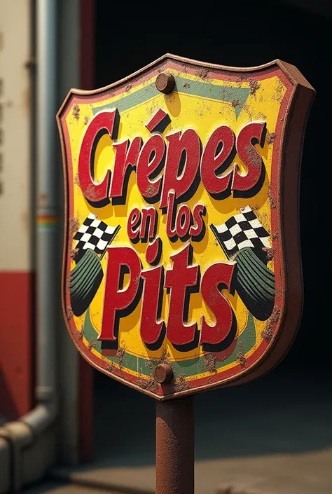 Create a Cars style sign that says Crepes in the pits in Spanish 