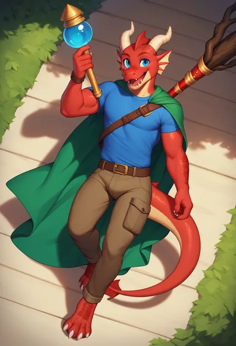 anthropomorphic, red dragonborn, open air, Bard wearing a full-body outfit, illustrative art, open plan, red scales, red skinned , long green cape, blue colored eyes, fabric backpack on back, Adventurers pants, adventurer shirt, staff , 1 tail, 8k, high re...