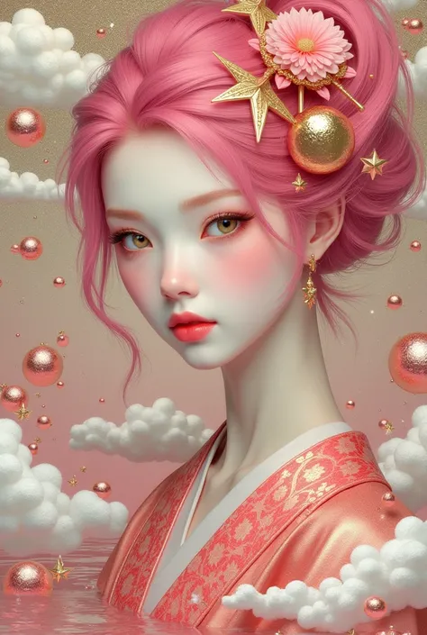 (traditional Japanese girl:1.3), porcelain doll skin, beautiful detailed eyes, beautiful detailed lips, extremely detailed gold eyes and face, long eyelashes, upper body, from side, looking at viewer, (fractal art:1.3), (pink hair:1.2), water, liquid, clou...