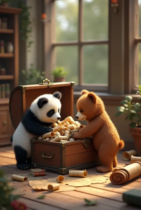 Make a picture of a panda bear and a brown bear and a chest full of old books and maps, the two bears are the same size and small.